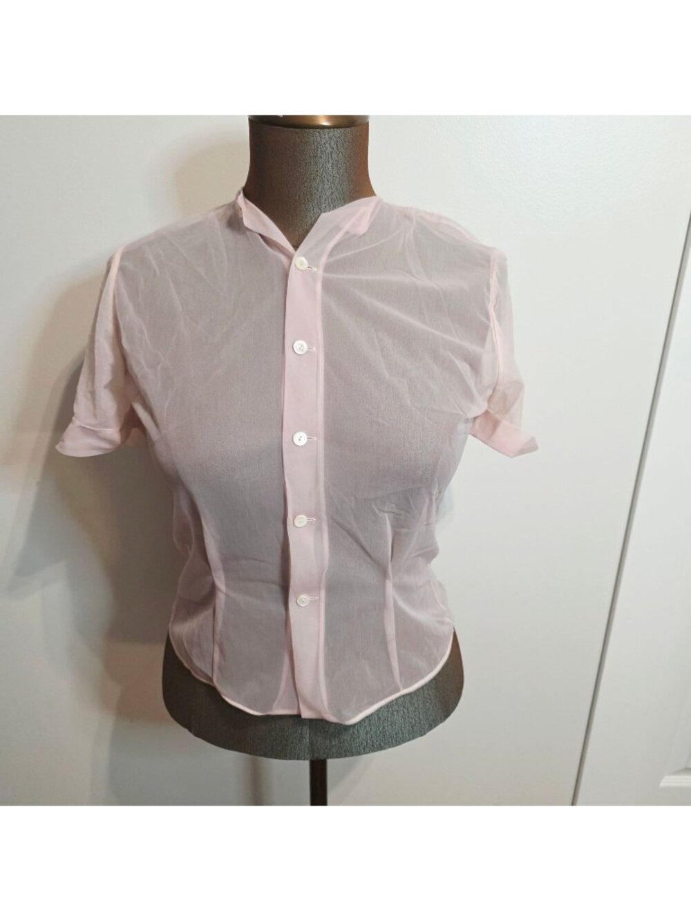 Vtg Judy Bond Pink Sheer Short Sleeve Button Blouse Coquette Balletcore Sm